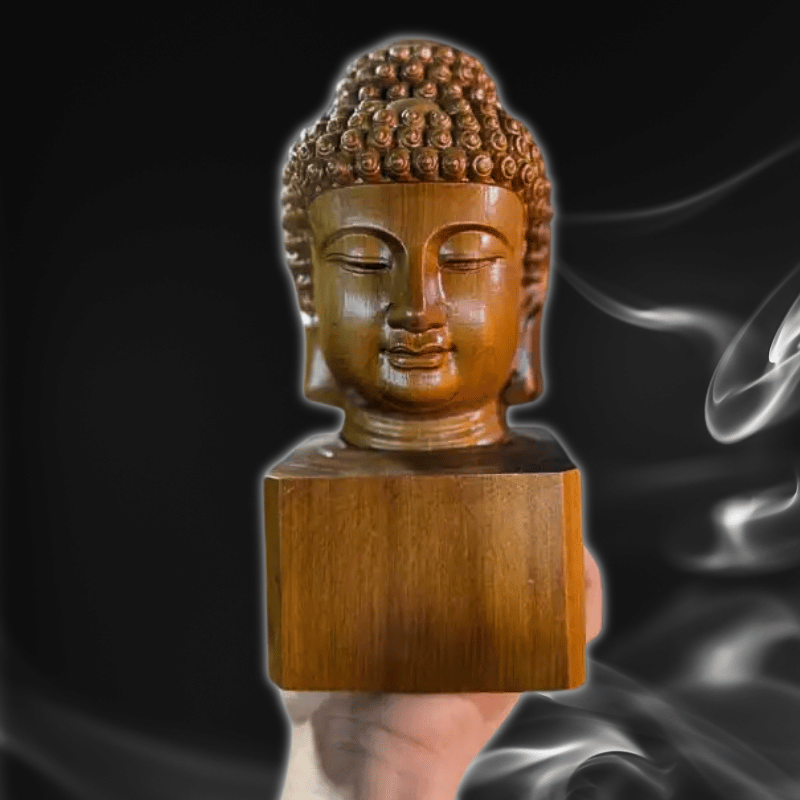 Buddha-Kopfstatue aus Zypressenholz