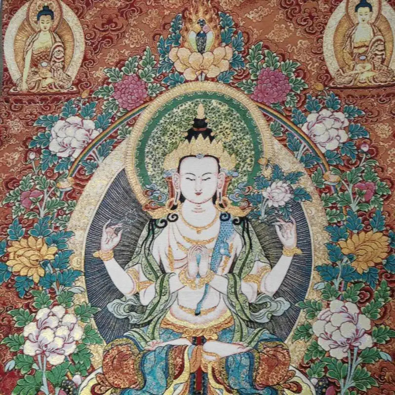 Thangka tibétain en soie Guanyin Kwan-yin